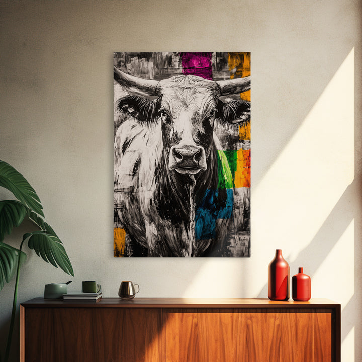 Black and White Cow, rustic art, farmhouse art, bull and bear art, southwest wall art, abstract animal painting, Framed Canvas Print