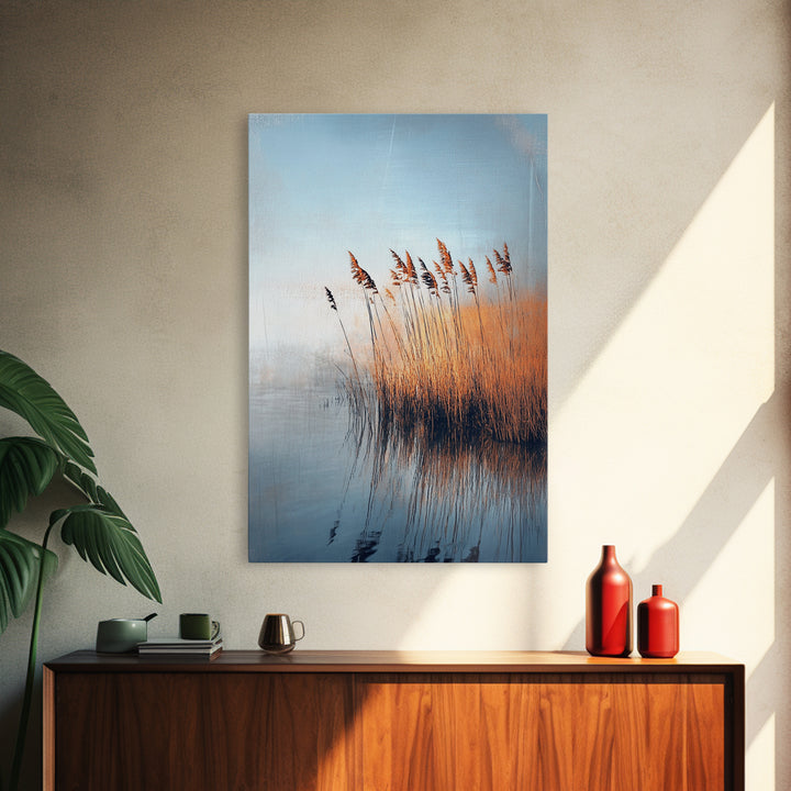 Lake Reeds Reflection, wabi sabi art, minimalist art, coastal decor, coastal landscape art, nautical painting, Framed Canvas Print