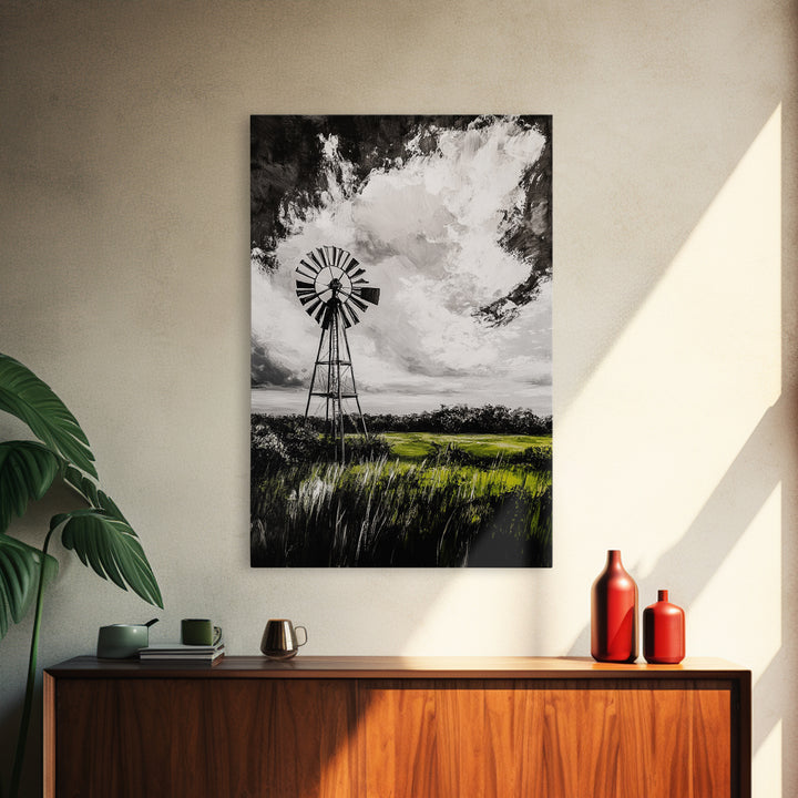 Black and White Windmill, windmill wall art, rustic decor, farmhouse art, landscape painting, framed canvas print, above bed wall art