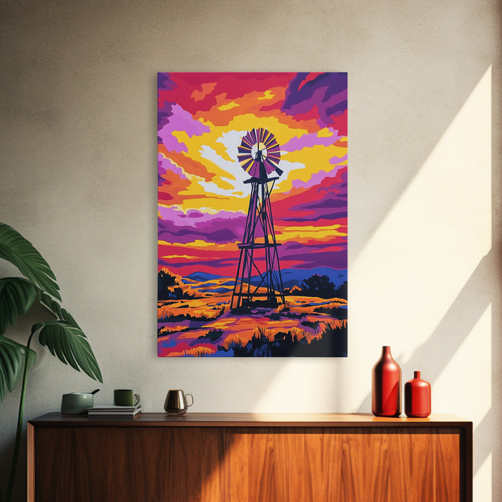 Vibrant Windmill Sunset, pink orange wall art, windmill wall art, rustic art, farmhouse art, canvas print, above couch art, gift idea for her