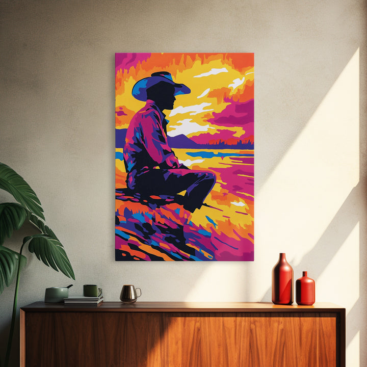 Cowboy Silhouette Sunset, southwest wall art, rustic decor, boho art, western art, pink orange wall art, canvas print, gift idea for him