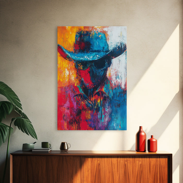 Abstract Cowboy Portrait, southwest wall art, rustic art, boho art, western art, lofi art, framed canvas print, gift idea for him