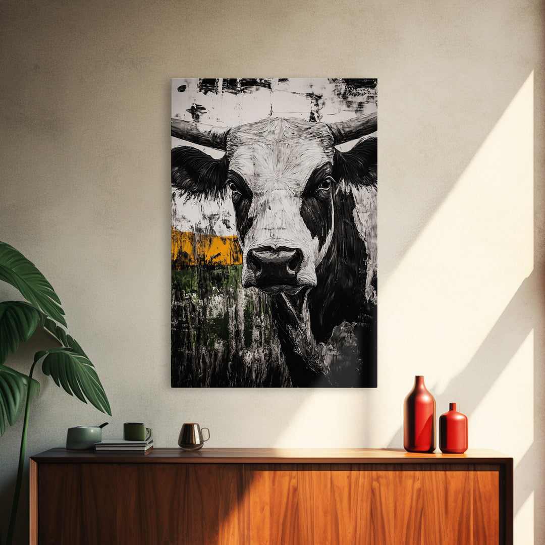 Black and White Bull, bull and bear art, rustic wall art, farmhouse art, moody art, framed canvas print, above couch art, gift idea for him