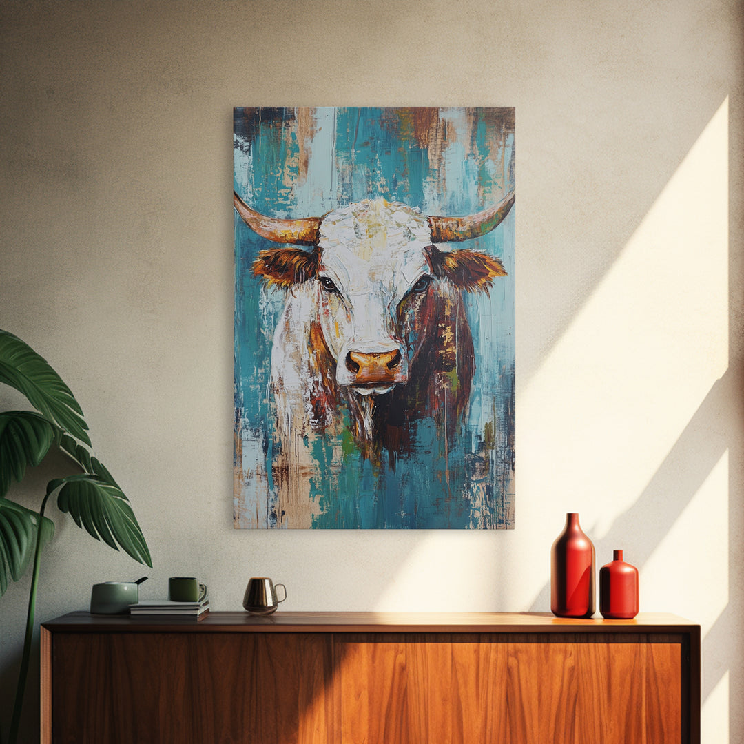 Rustic Cow Portrait, farmhouse art, rustic wall art, blue and green wall art, textured oil painting, canvas print, gift idea, wabi sabi art