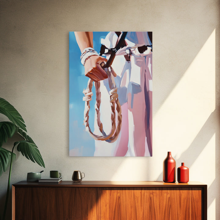 Cowgirl Holding Rope, Black Cowgirl Painting, Framed Canvas Print, Rustic Decor, Western Art, Feminine Art, Light Pink Wall Art