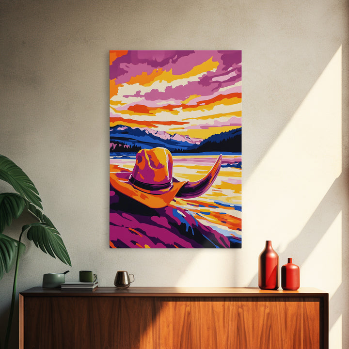 Cowgirl hat landscape, cowboy decor, rustic wall art, boho art, pink orange wall art, framed canvas print, western wall art, above bed art