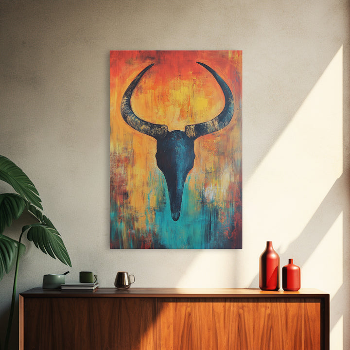 Bull skull painting, rustic wall art, western wall art, teal wall art, boho art, framed canvas print, farmhouse art, gift idea him