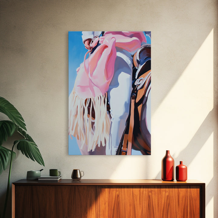 Cowgirl riding gear, western wall art, rustic decor, pink orange wall art, framed canvas print, cowboy decor, southwest wall art