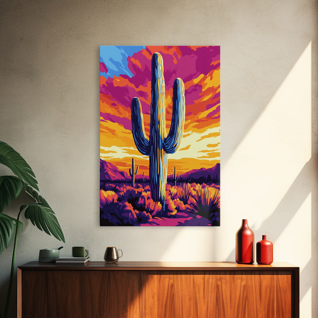 Saguaro Cactus, Desert Sunset, Vibrant Landscape, Southwest Wall Art, Canvas Print, Extra Wide Art, Rustic Decor, Joshua Tree Art