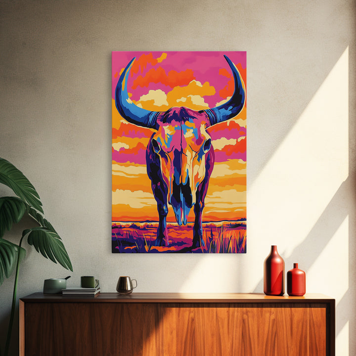 Bull Skull Art, Teal Wall Art, Rustic Wall Art, Framed Canvas Print, Moody Art, Boho Aesthetic, Extra Wide Art, Southwest Decor, Gift Idea