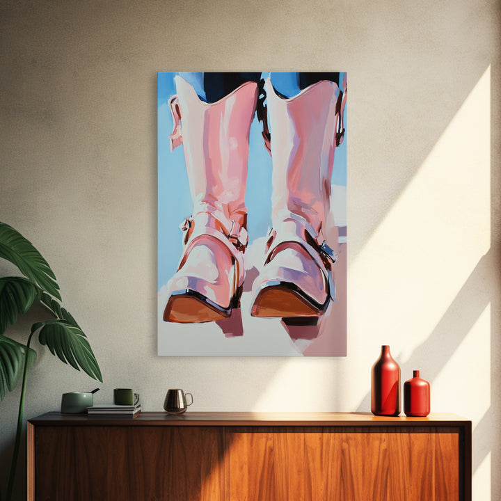 Cowboy Boots Painting, Coastal Cowgirl Wall Art, Western Decor, Farmhouse Art, Framed Canvas Print, Rustic Aesthetic, Bedroom Art, Gift Idea