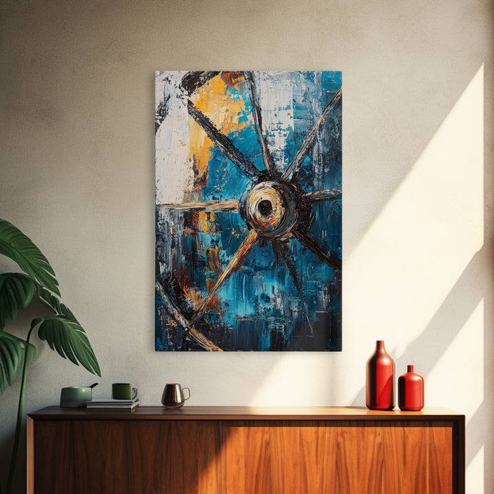 Abstract Wagon Wheel, Teal Wall Art, Rustic Art, Framed Canvas Print, Moody Aesthetic, Boho Decor, Farmhouse Art, Gift Idea