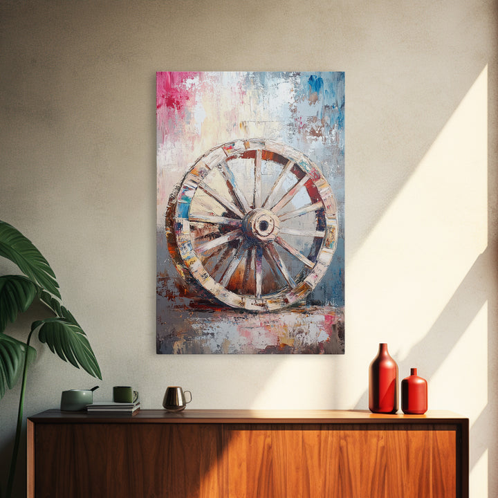 Abstract Rustic Wheel, Mosaic Wall Art, Teal Wall Art, Framed Canvas Print, Southwest Aesthetic, Moody Art, Farmhouse Decor, Gift Idea
