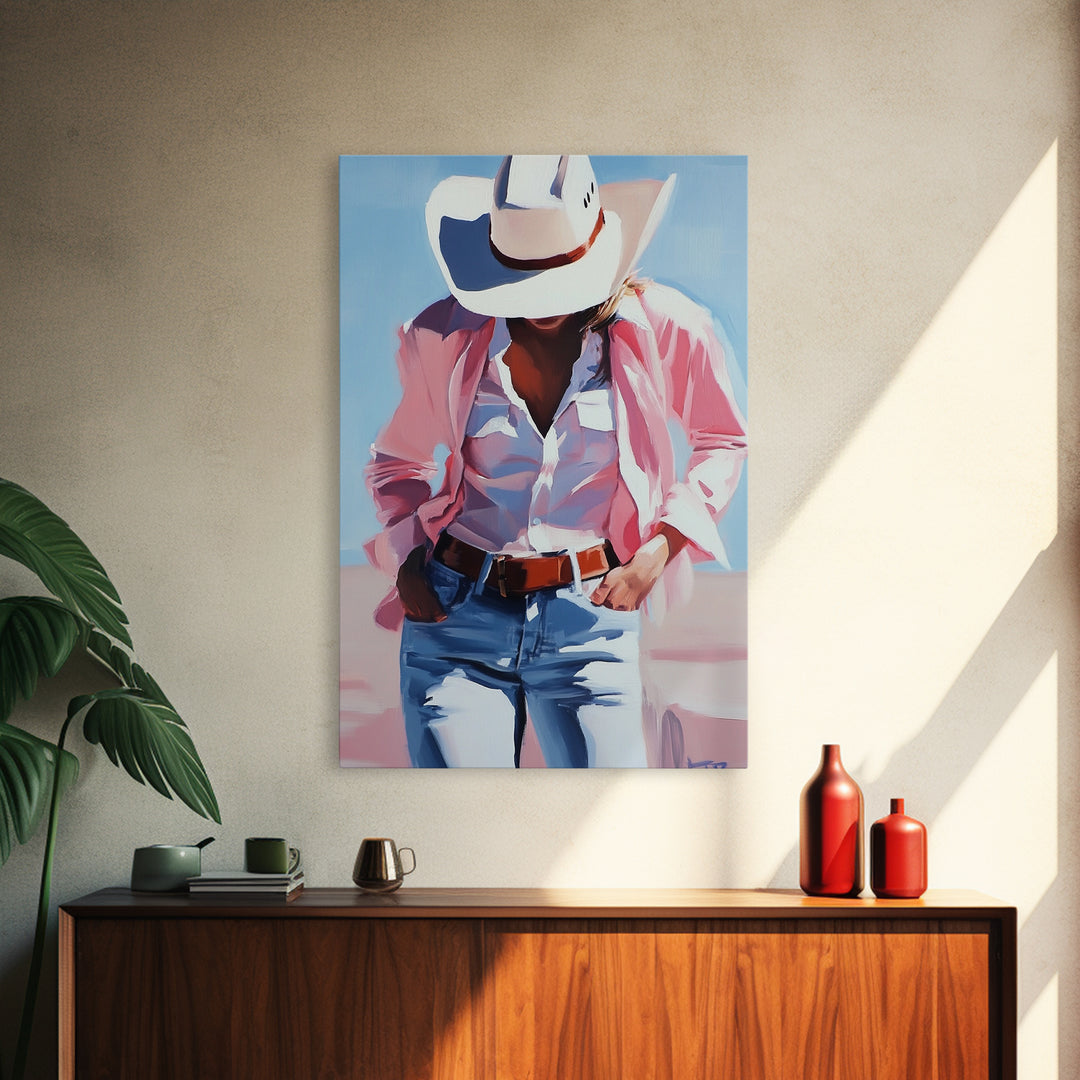 Cowgirl Painting, Coastal Cowgirl Wall Art, Western Decor, Framed Canvas Print, Rustic Aesthetic, Light Pink Wall Art, Gift Idea