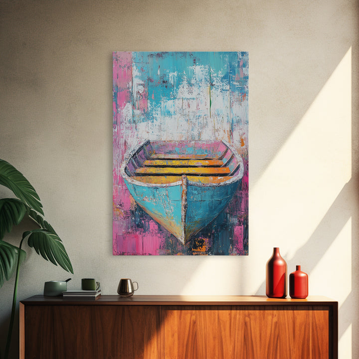 Blue Rowboat Painting, Nautical Painting, Coastal Wall Art, Rustic Decor, Extra Wide Art, Canvas Print, Farmhouse Art, Moody Art