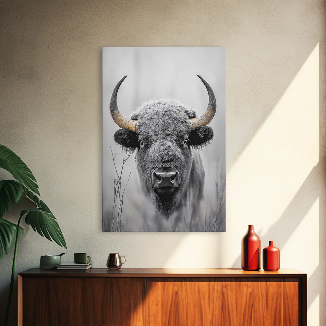 Bison, buffalo art, wildlife painting, framed canvas print, rustic decor, western wall art, moody nature, farmhouse animal art, southwest