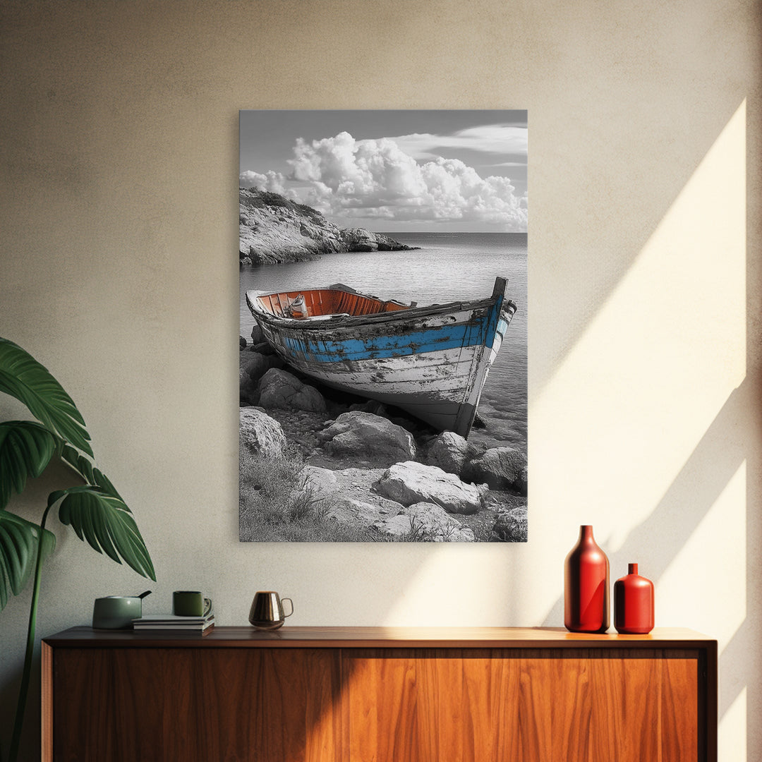 Rustic Boat Painting, Coastal Decor, Nautical Wall Art, Seascape Painting, Beach House Art, Gift Idea, Canvas Print, Wabi Sabi Art