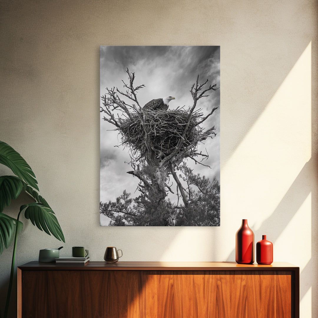 Bald Eagle, bird art, nature photography, moody art, rustic decor, patriotic wall art, black and white, framed canvas print, wildlife art