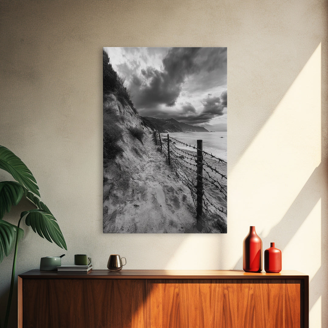 Coastal Path, stormy beach, dramatic sky, coastal wall art, black and white, framed canvas print, moody landscape, nautical decor