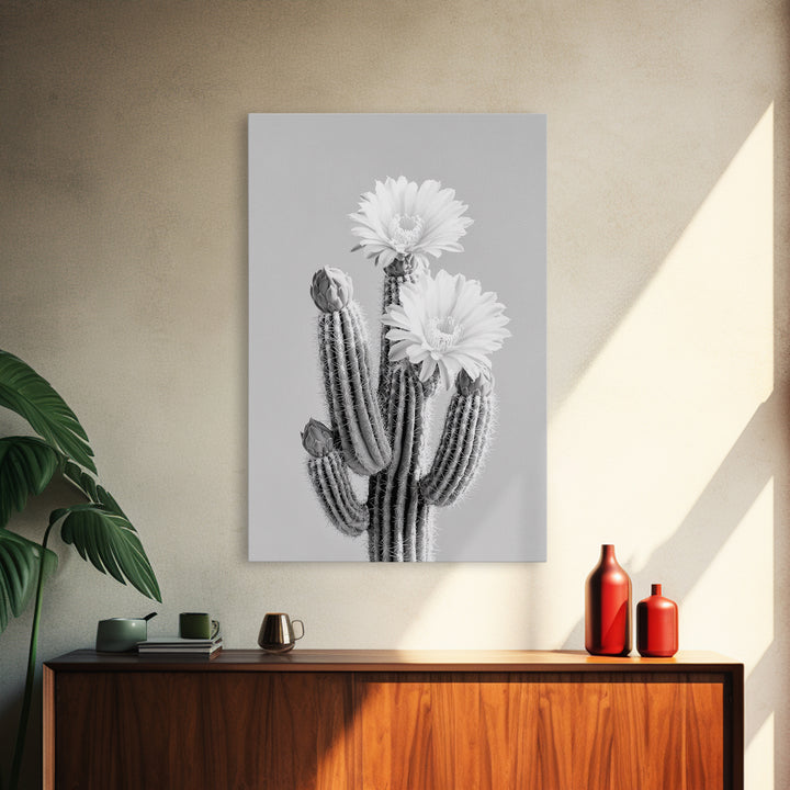 Cactus Bloom, desert botanical, minimalist art, black and white, southwest wall art, framed canvas print, vertical wall art, moody art