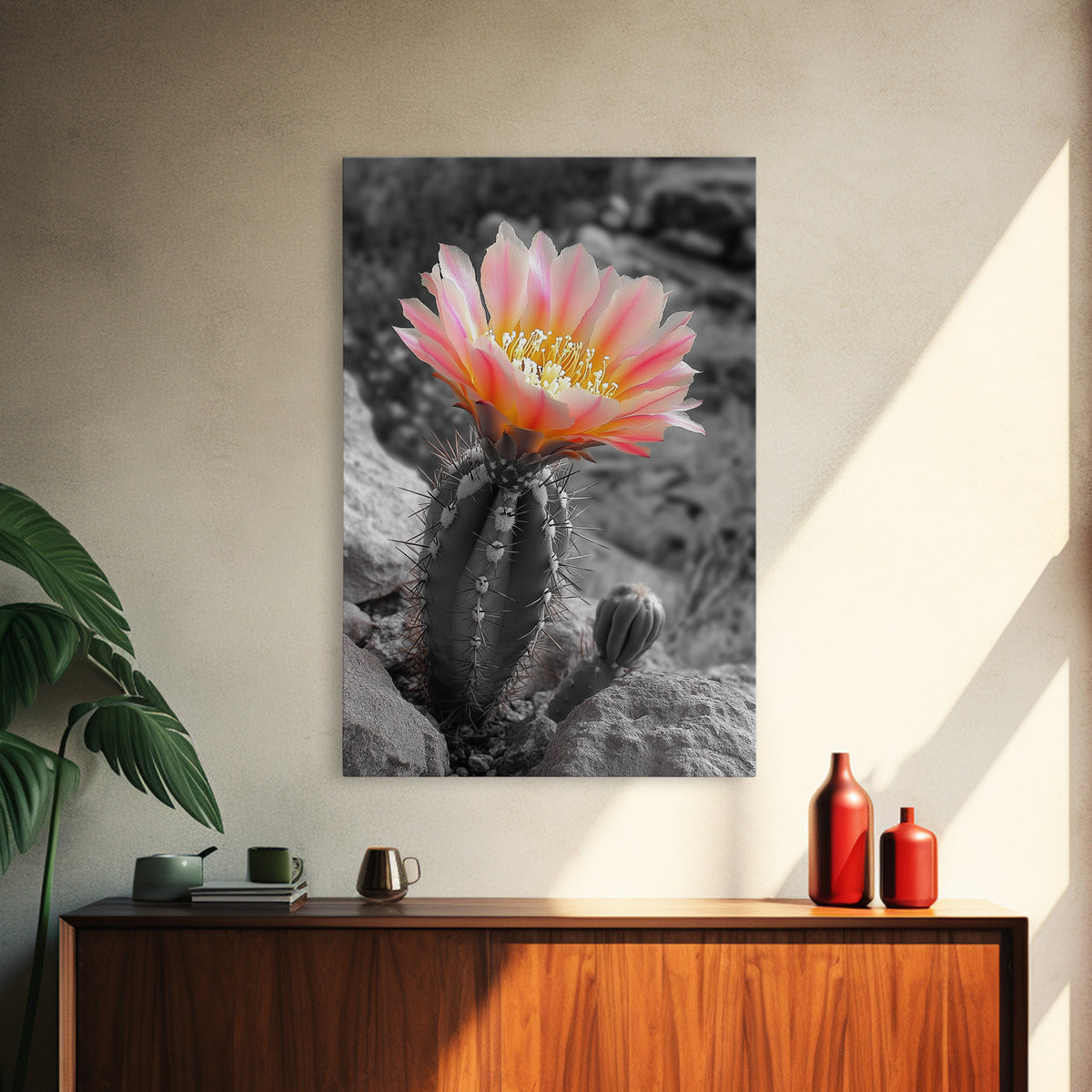 Blooming cactus, botanical print, desert flora, framed canvas print, nature decor, succulent wall art, pink flowers, southwest painting