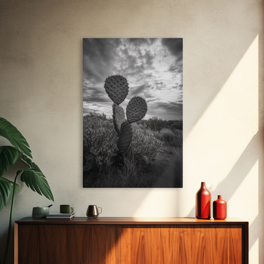 Prickly Pear, cactus art, Joshua tree art, wabi sabi art, moody art, black and white, framed canvas print, minimalist decor, rustic wall art
