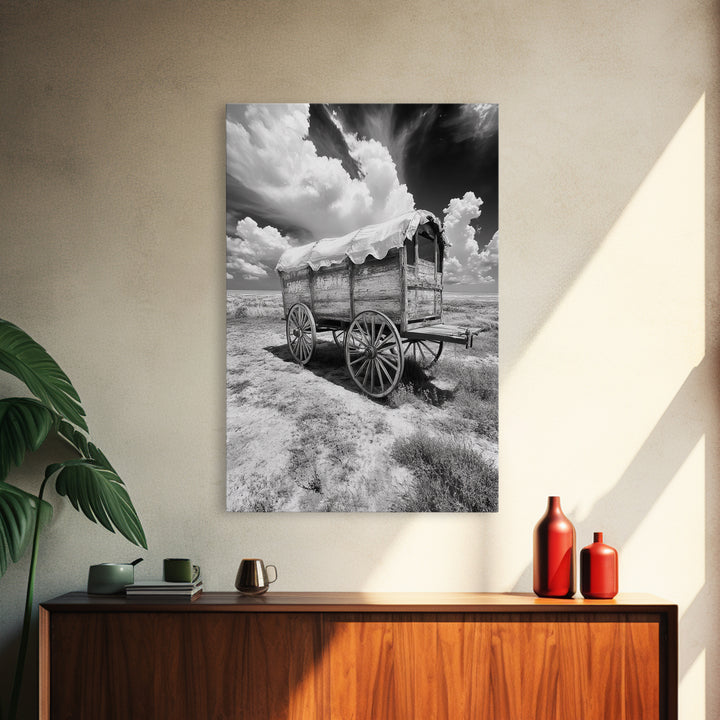 Covered wagon photography, rustic decor, framed canvas print, southwest wall art, farmhouse art, western aesthetic, black and white photography