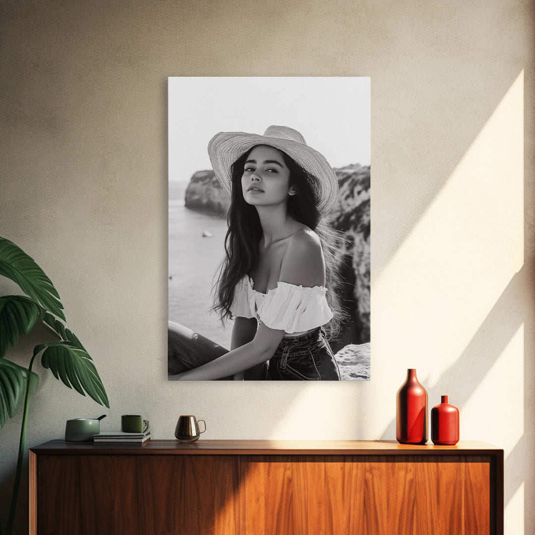 Coastal cowgirl wall art, boho art, framed canvas print, ocean photography, rustic decor, beach aesthetic, seascape painting, black and white art