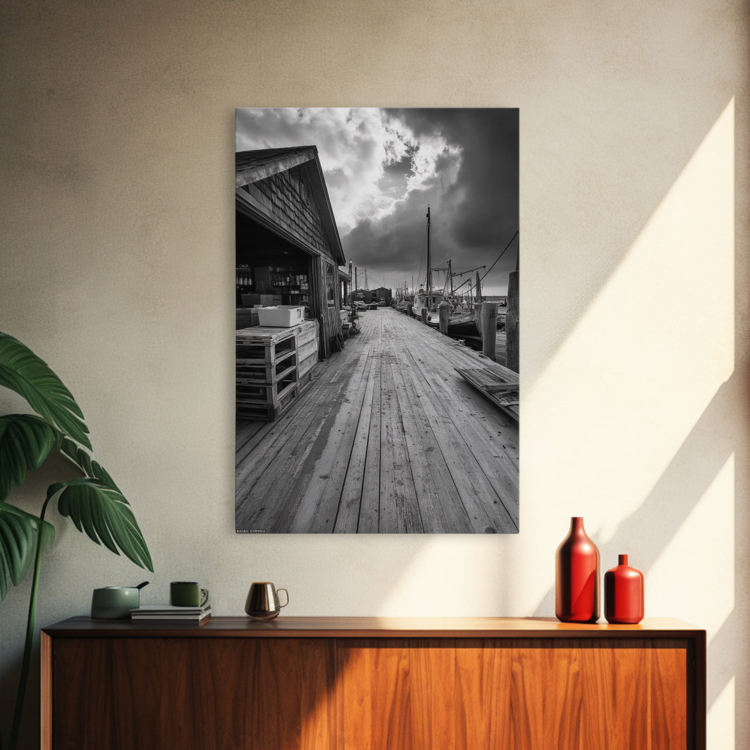 Fishing Dock, coastal decor, nautical wall art, seascape painting, rustic wall art, Nantucket painting, framed canvas print, horizontal art