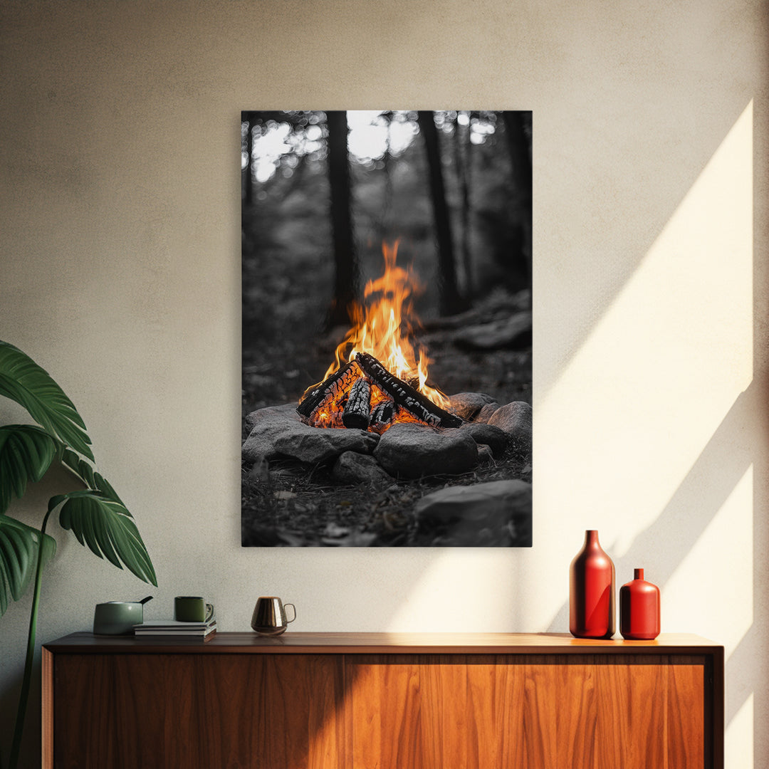 Campfire, rustic art, outdoor adventure, framed canvas print, wilderness decor, bonfire night, cozy cabin wall art, moody art, fall vibes