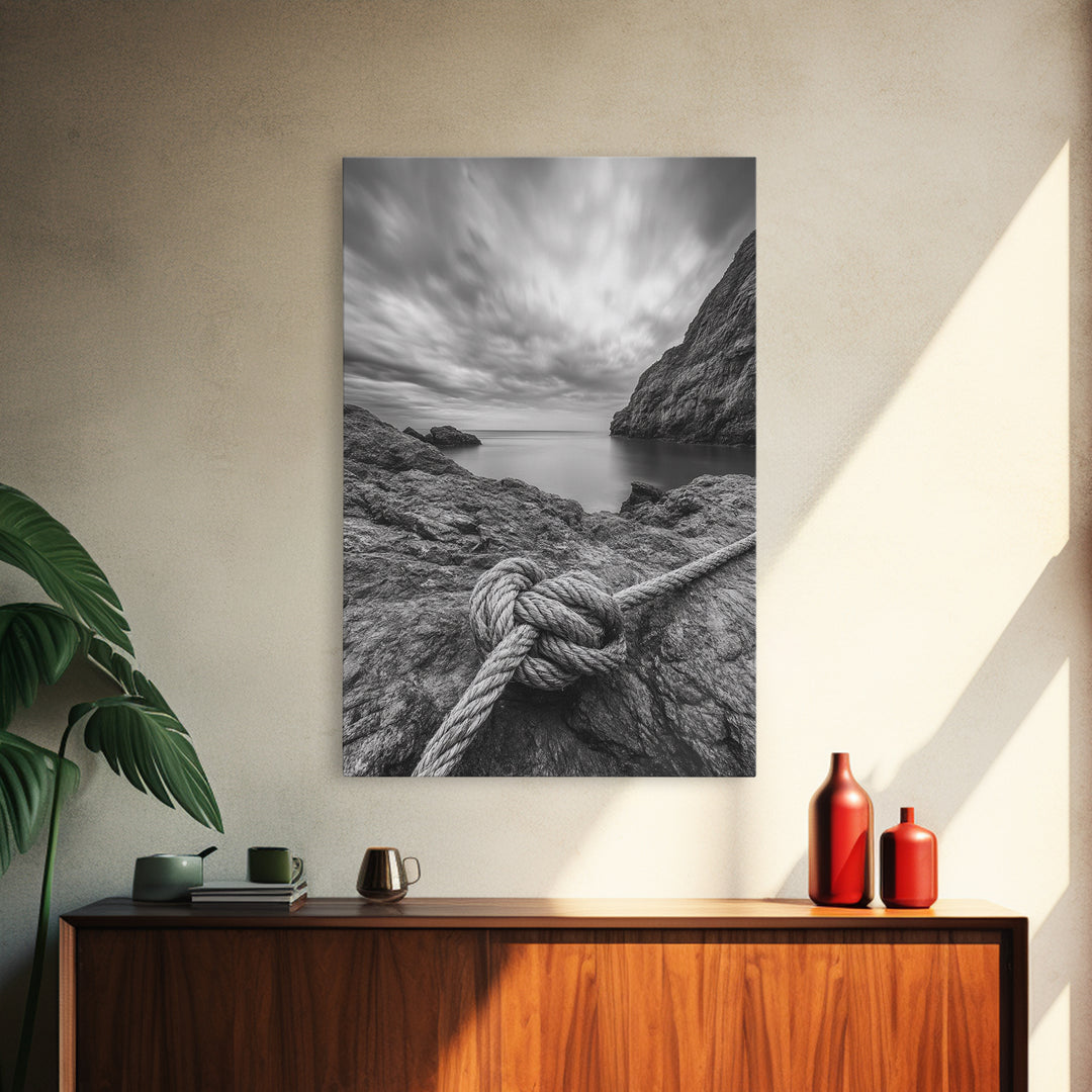 Nautical art, rope knot, coastal decor, moody art, wabi sabi art, rustic photography, living room art, canvas print, panoramic wall art