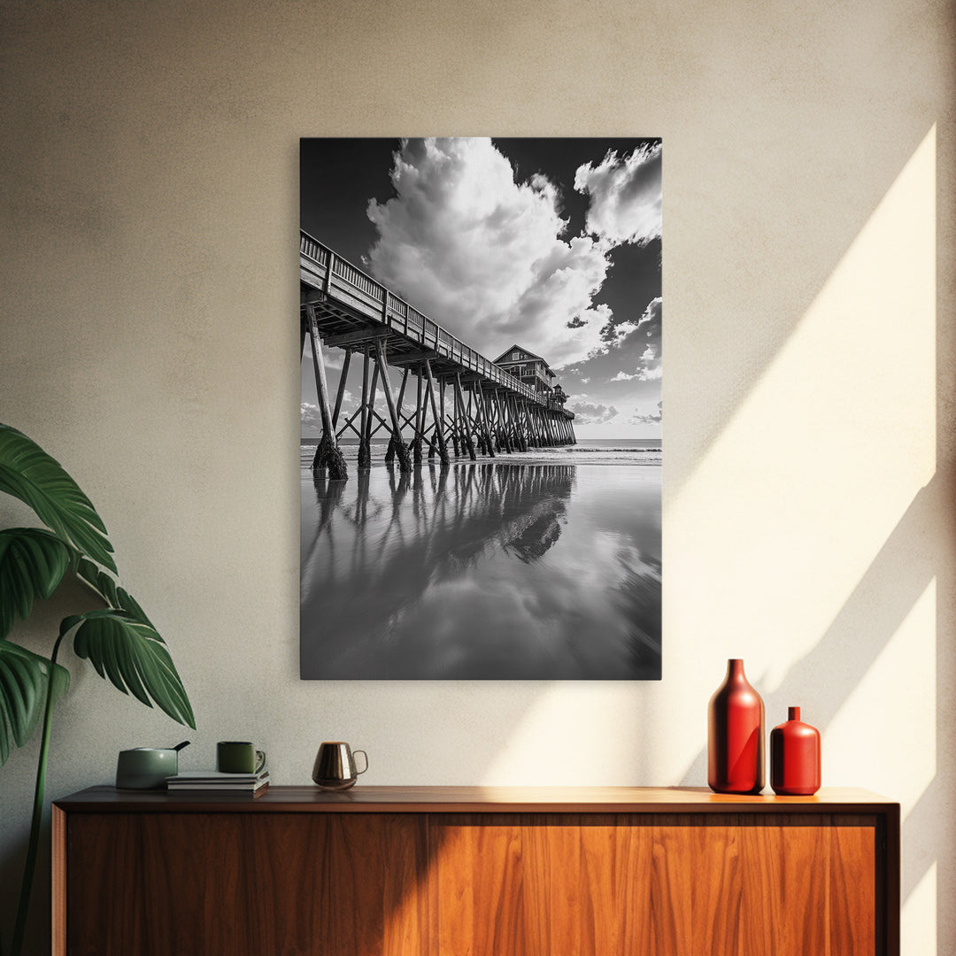 Pier reflection, seascape painting, nautical decor, rustic wall art, black and white photography, extra wide art, framed canvas print