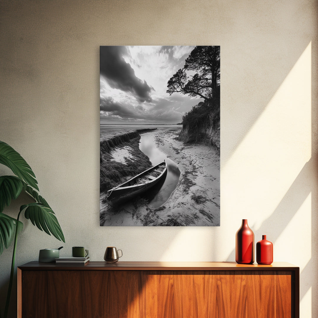 Abandoned boat, coastal decor, moody art, wabi sabi wall art, nature photography, nautical art, black and white wall art, canvas print