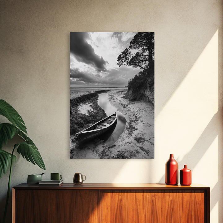 Abandoned boat, coastal decor, moody art, wabi sabi wall art, nature photography, nautical art, black and white wall art, canvas print