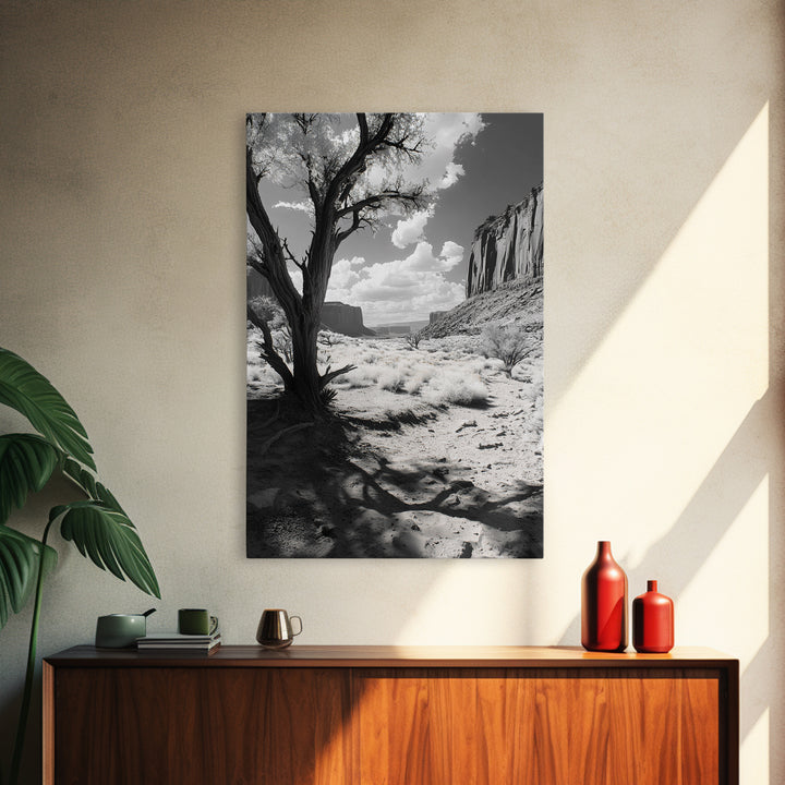 Desert landscape, Joshua tree art, western wall art, framed canvas print, southwest decor, black and white nature, rustic desert scene