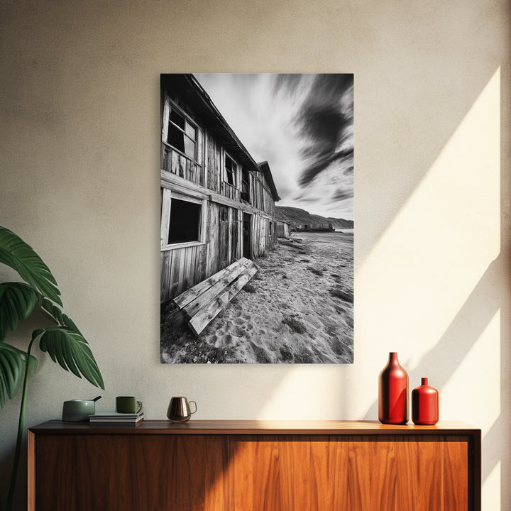 Rustic barn, farmhouse art, abandoned building, vintage Christmas, moody art, black and white wall art, wabi sabi wall art, framed canvas print