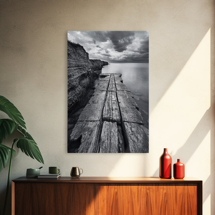 Cliffside view, nautical decor, rustic photography, seascape painting, wabi sabi art, black and white art, canvas print, above sofa art