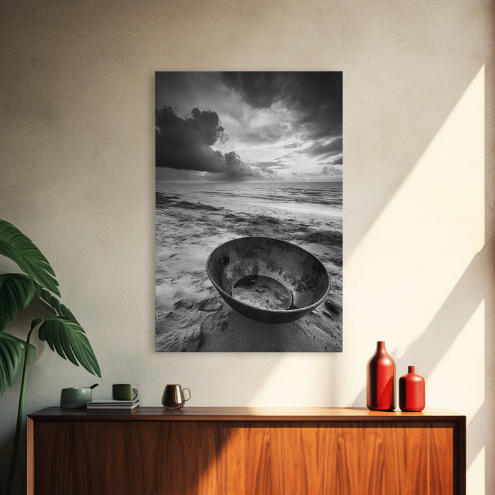 Beach bowl, wabi sabi wall art, coastal decor, moody art, minimalist art, black and white photography, framed canvas print, extra wide art