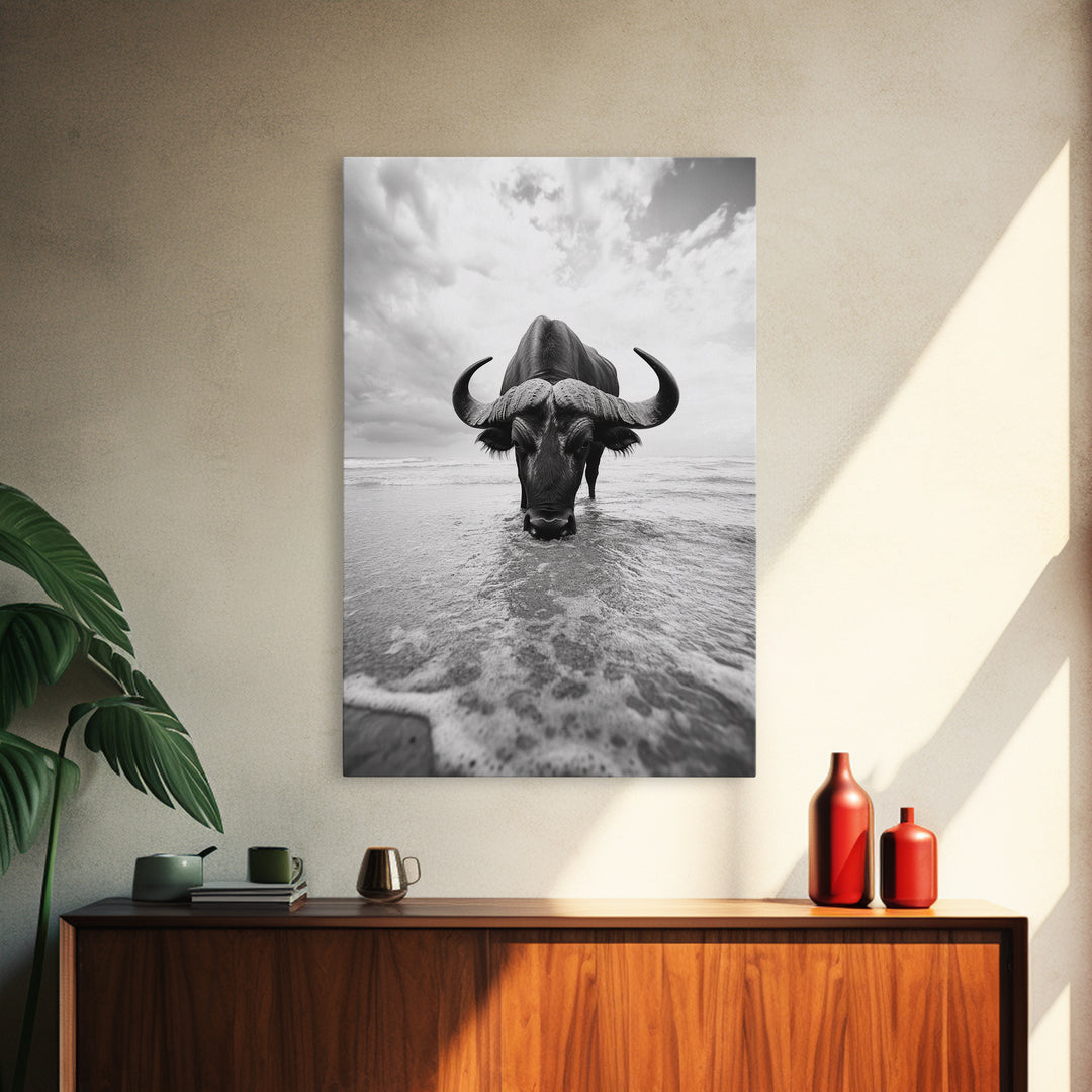 Buffalo art, bull and bear art, moody photography, black and white wall art, unique wildlife art, wabi sabi art, canvas print, farmhouse decor