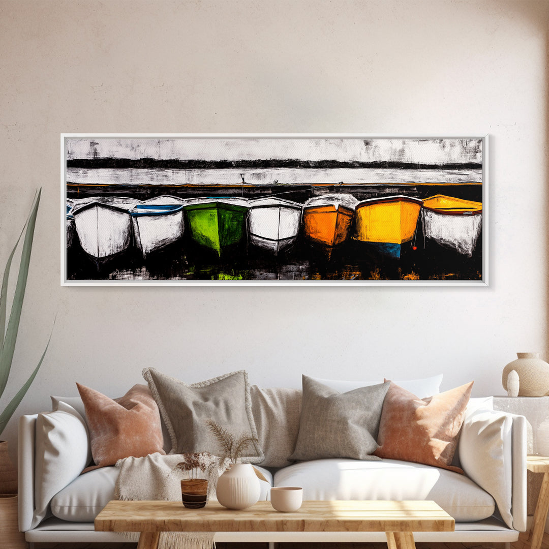 Boats at Dock, nautical painting, coastal wall art, rustic art, extra wide art, panoramic painting, above sofa art, Canvas Print