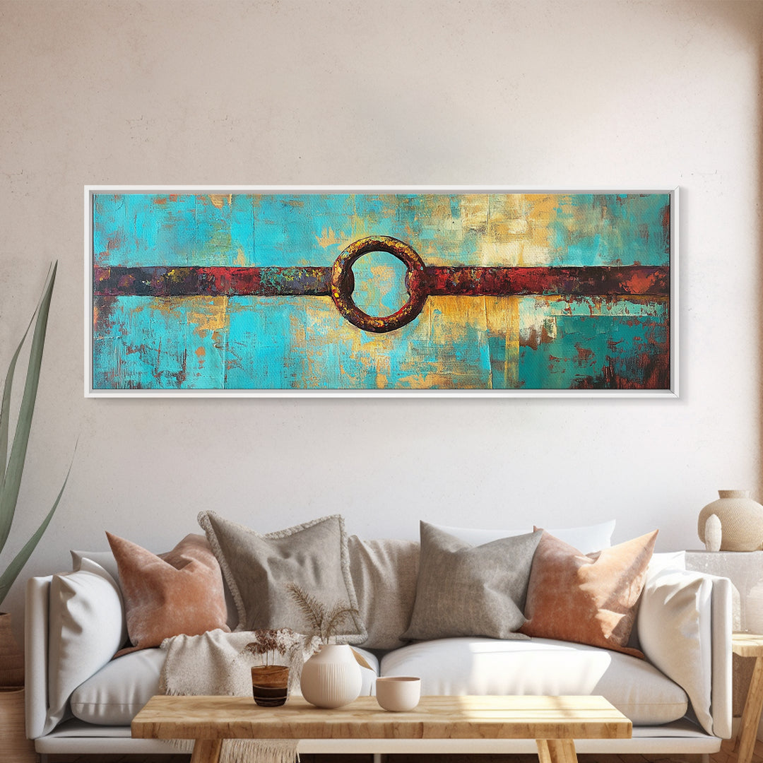 Abstract Metal Ring, geometric wall art, southwest wall art, rustic decor, moody art, tall narrow art, wabi sabi art, Framed Canvas Print