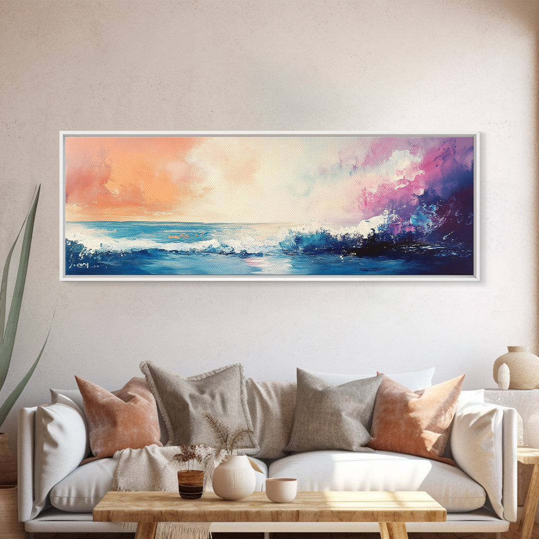 Ocean Sunset Waves, coastal painting, seascape painting, nautical wall art, pink orange wall art, extra wide art, Canvas Print