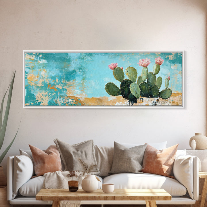 Blooming Cactus, agave painting, botanical prints, desert landscape art, teal wall art, wabi sabi art, rustic decor, Framed Canvas Print
