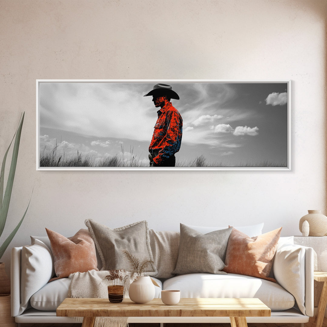 Cowboy Silhouette, Western Wall Art, Ranch Life Art, Moody Art, Southwestern Decor, Extra Wide Art, Rustic Wall Art, Canvas Print