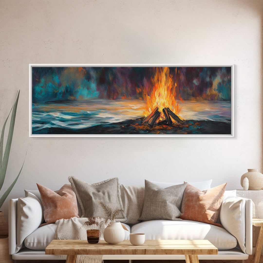 Bonfire, moody art, coastal landscape art, rustic decor, extra wide art, above bed wall art, gift idea for him, Canvas Print