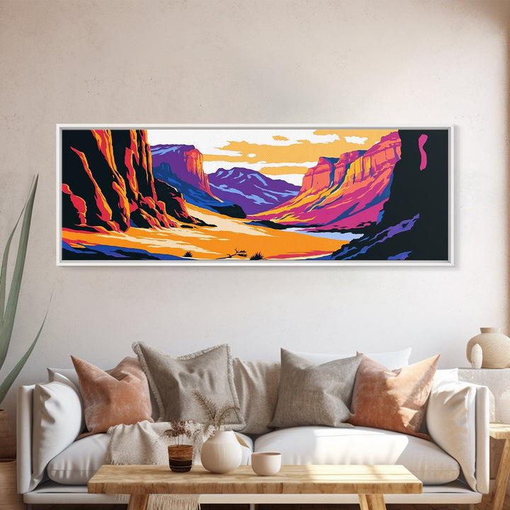Canyon, mountain painting, pink orange wall art, southwest wall art, above couch art, panoramic art, Joshua tree art, Canvas Print