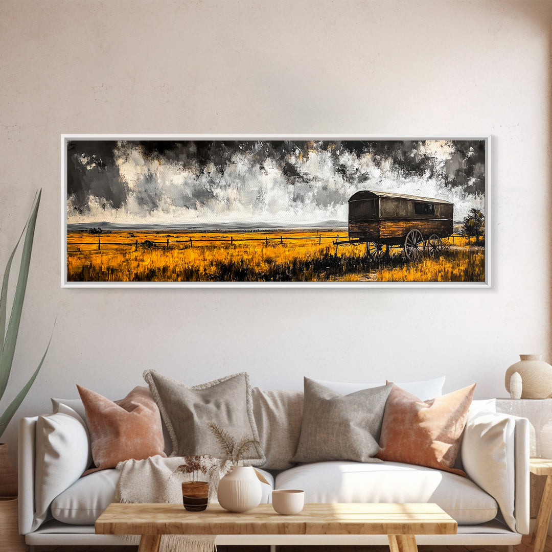 Covered Wagon, rustic art, farmhouse art, smoky mountain art, extra wide art, gift idea for him, above sofa art, Framed Canvas Print