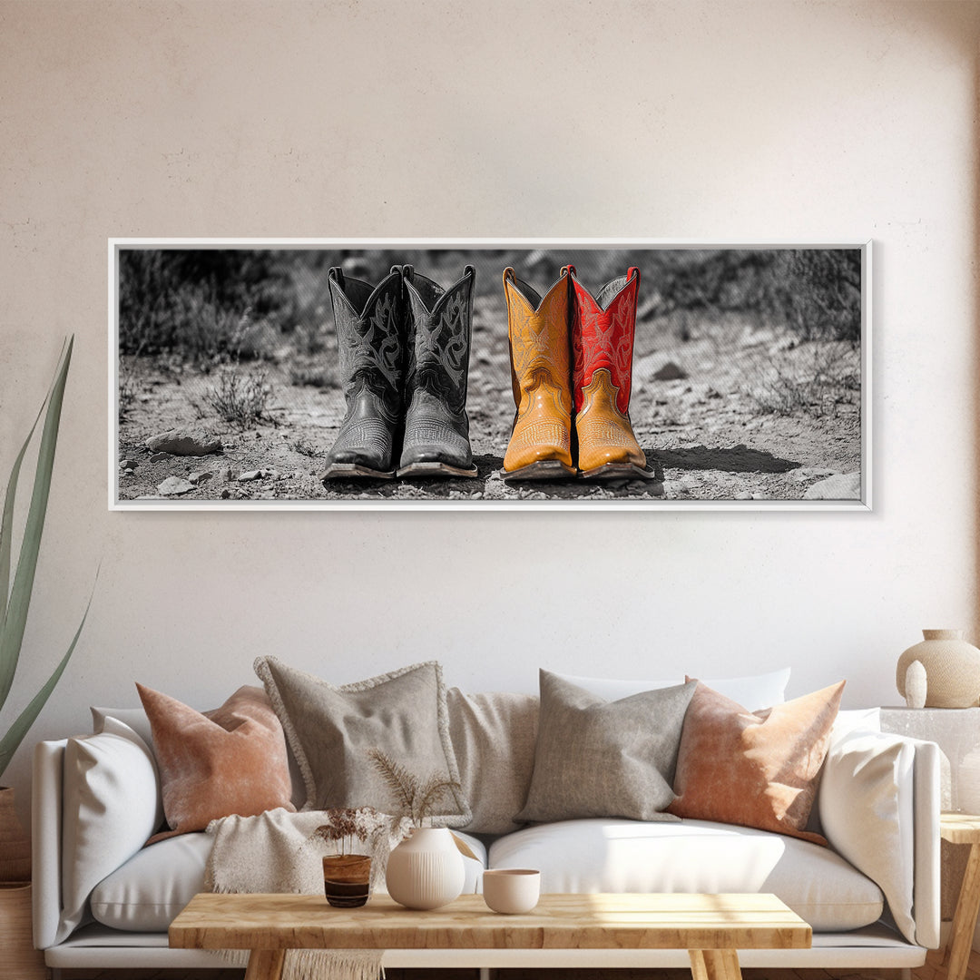 Cowboy Boots, Western Decor, Rustic Wall Art, Country Style Art, Farmhouse Art, Moody Art, Extra Wide Art, Framed Canvas Print