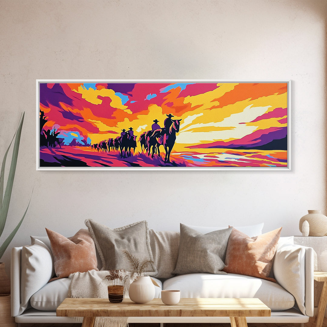 Cowboy Trail, sunset painting, southwest wall art, western decor, gift idea, extra wide art, panoramic painting, canvas print, rustic art