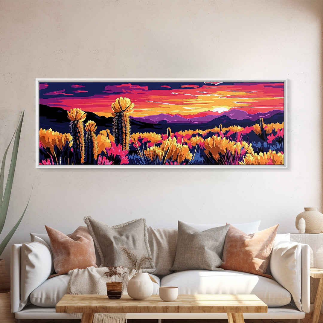Desert Bloom, Joshua tree art, southwest wall art, mountain painting, nature painting, boho art, pink orange wall art, canvas print